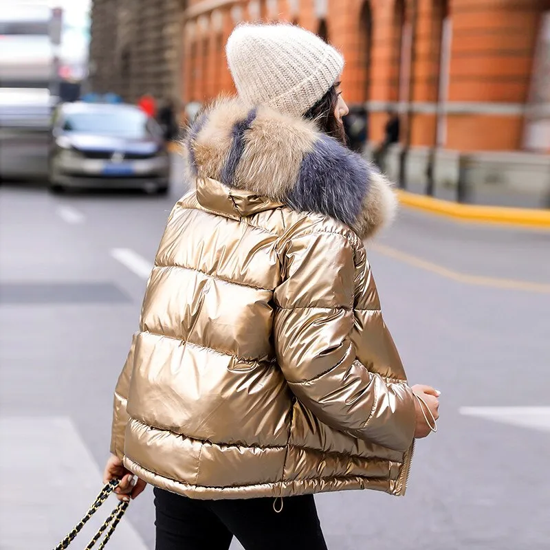 2021 New Winter Jacket Women&#39;s Parka Fur Collar Hooded Down Cotton Jacket Female Glossy Casual Cotton Padded Parkas Outerwear