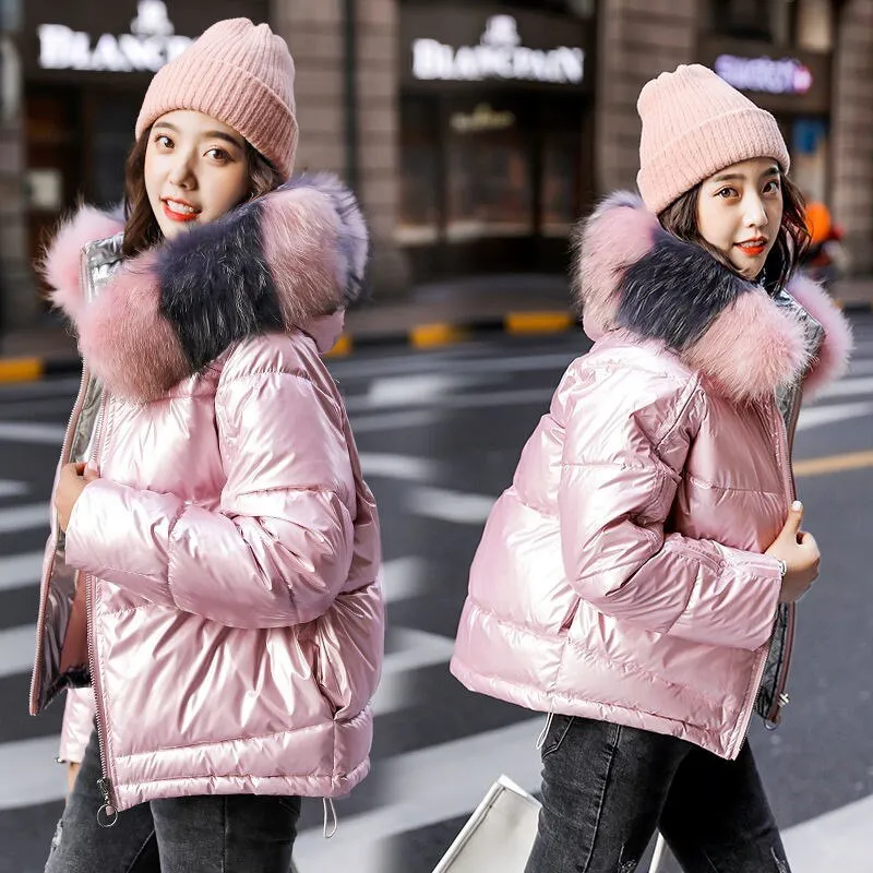 2021 New Winter Jacket Women&#39;s Parka Fur Collar Hooded Down Cotton Jacket Female Glossy Casual Cotton Padded Parkas Outerwear