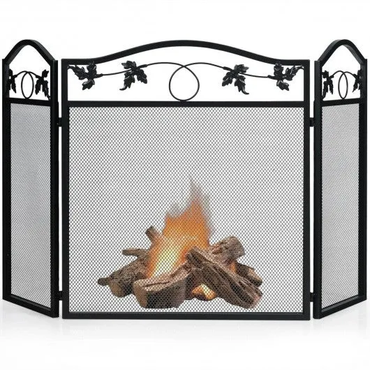 3 Panel Foldable Steel Fireplace Screen Spark Guard Fence