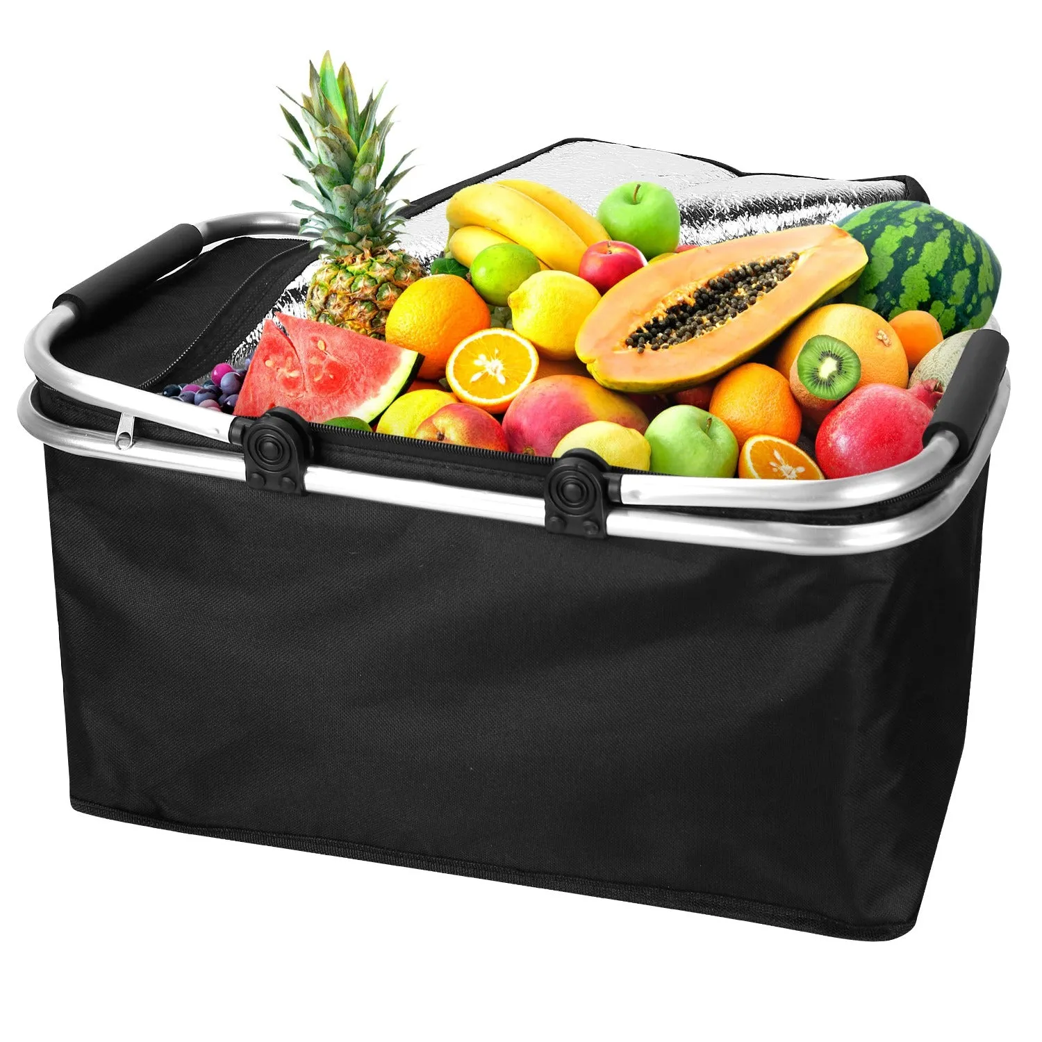 30L Insulated Picnic Basket Cooler Collapsible Food Delivery Storage Bag Grocery Market Basket Heat & Cool Insulation w/ Aluminum Handles