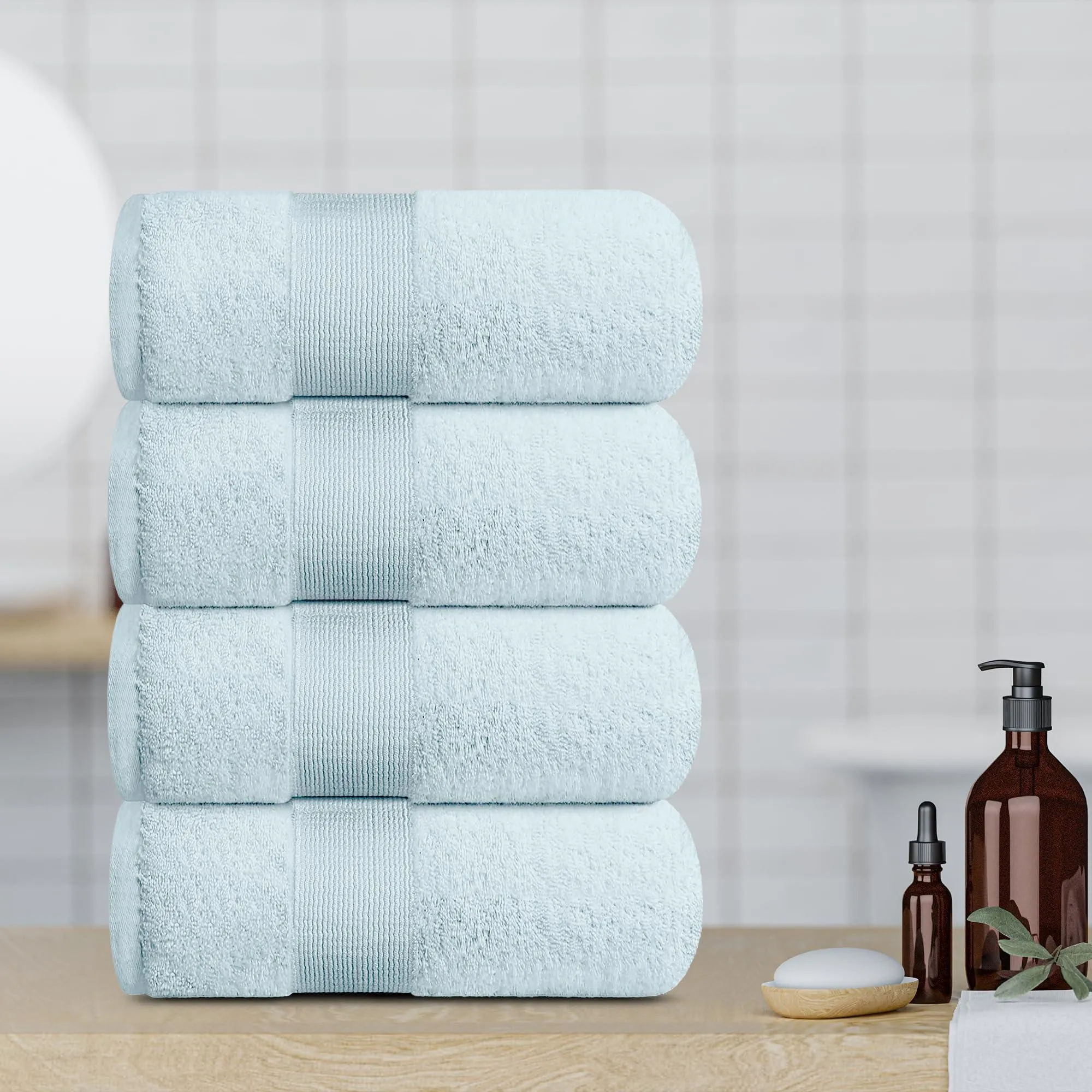 4 Pack Resort Collection Soft Bath Towel 28x55 in Luxury Plush Cotton Light Blue