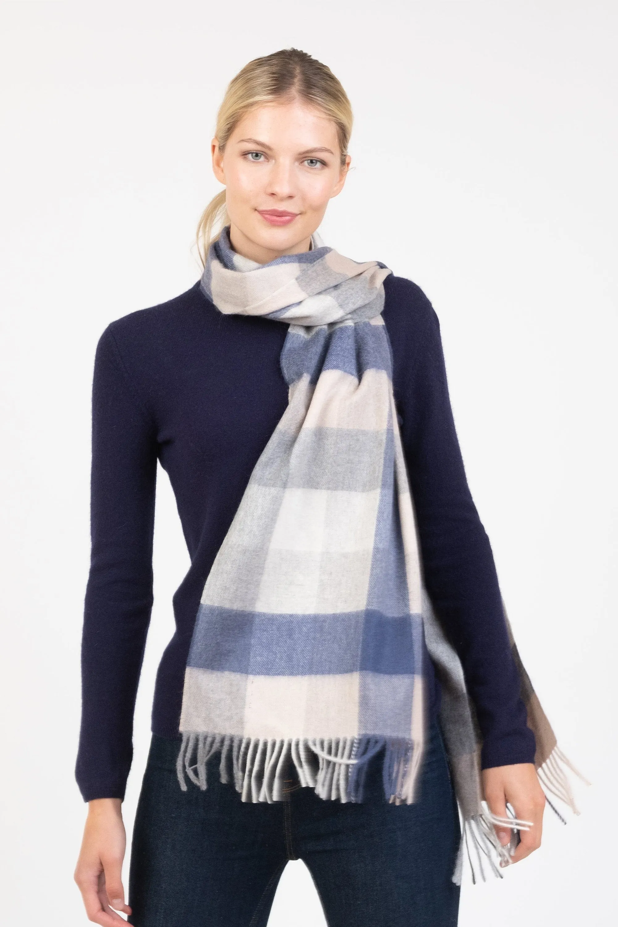 5 Square Check Cashmere Wide Scarf - Swiss Coffee