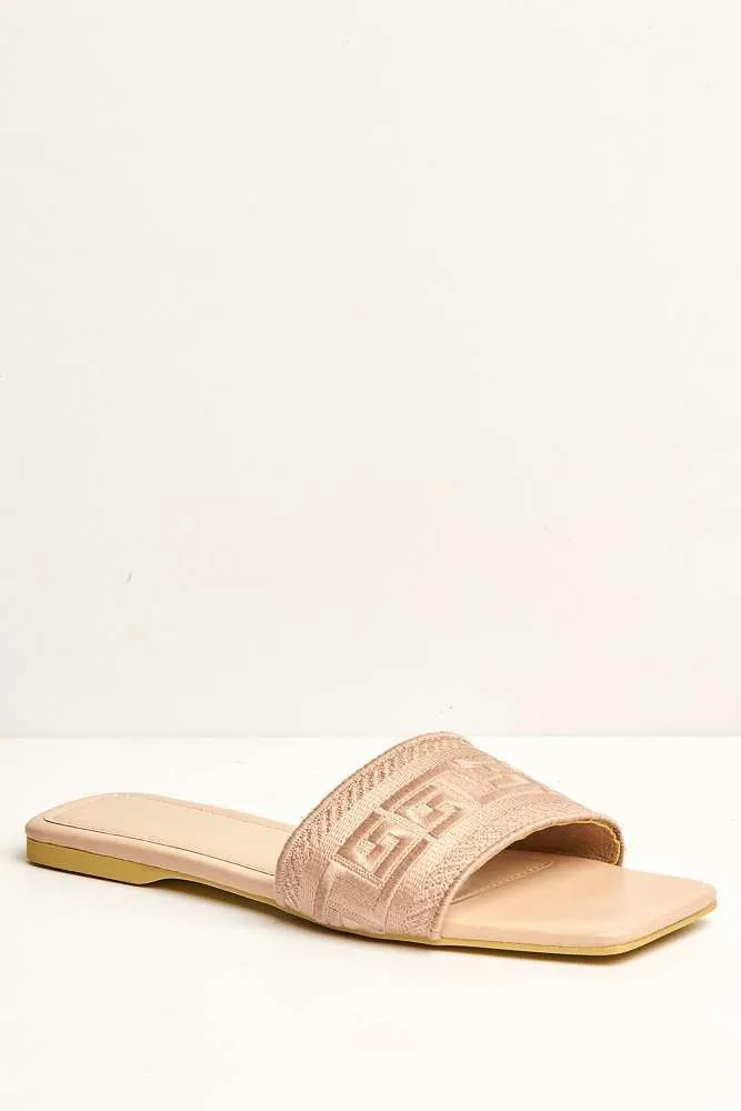 Azzam Square Toe Aztec Print Sliders in Nude