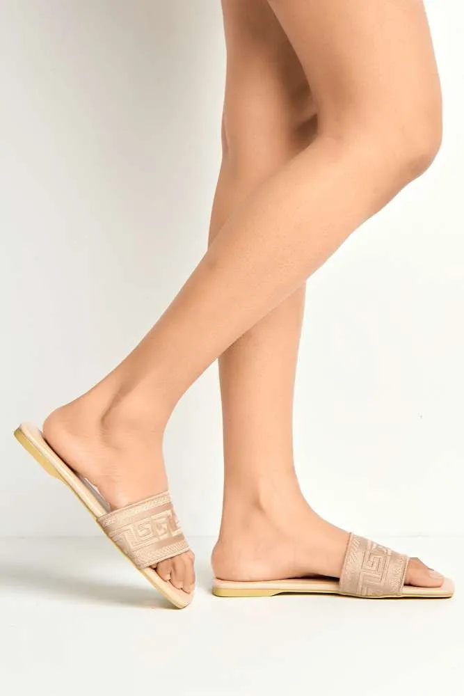 Azzam Square Toe Aztec Print Sliders in Nude