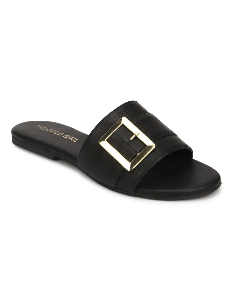 Black PU Slide Buckle Slip Ons