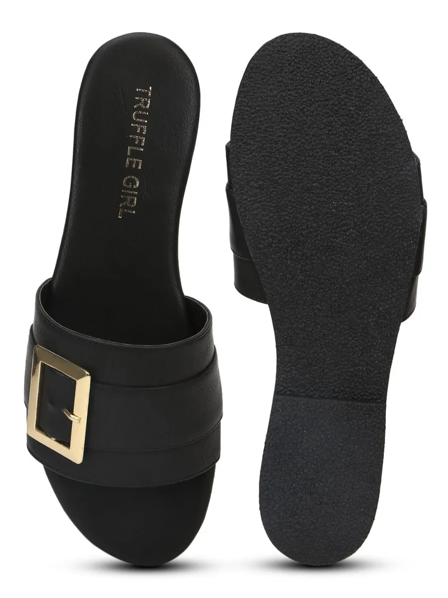 Black PU Slide Buckle Slip Ons