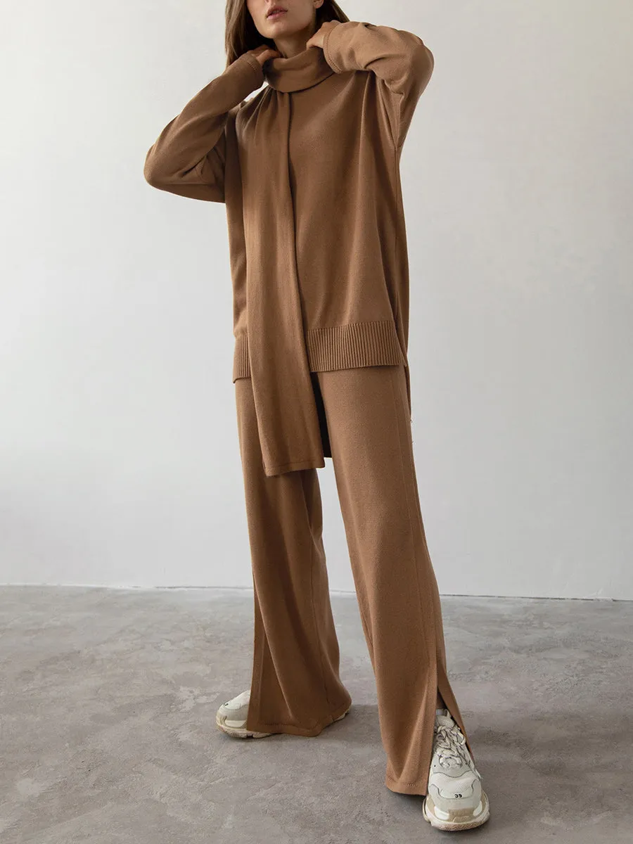 Casual Knitted Wide-Leg Pants Suit