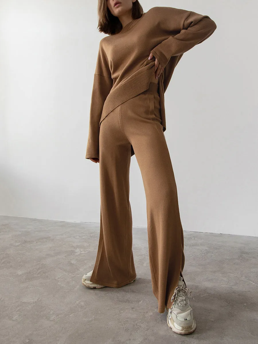 Casual Knitted Wide-Leg Pants Suit