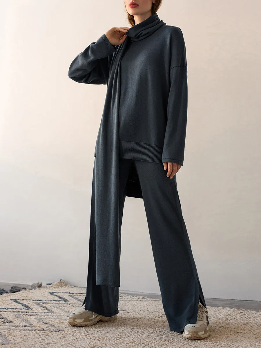 Casual Knitted Wide-Leg Pants Suit