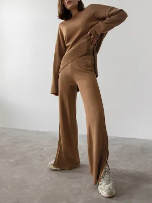 Casual Knitted Wide-Leg Pants Suit