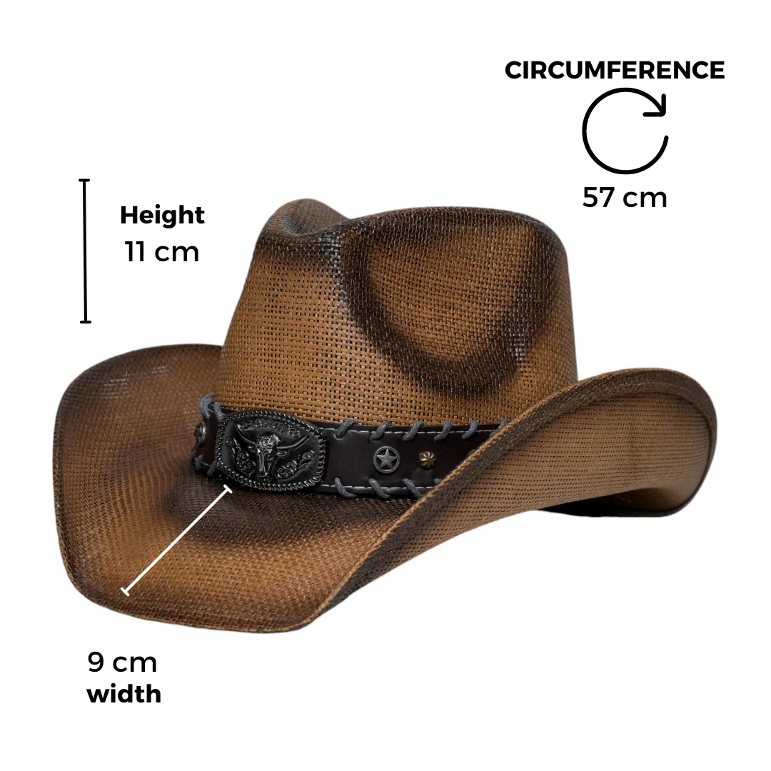 Chokore Handcrafted Straw Cowboy Hat with Bull Head Belt (Brown)