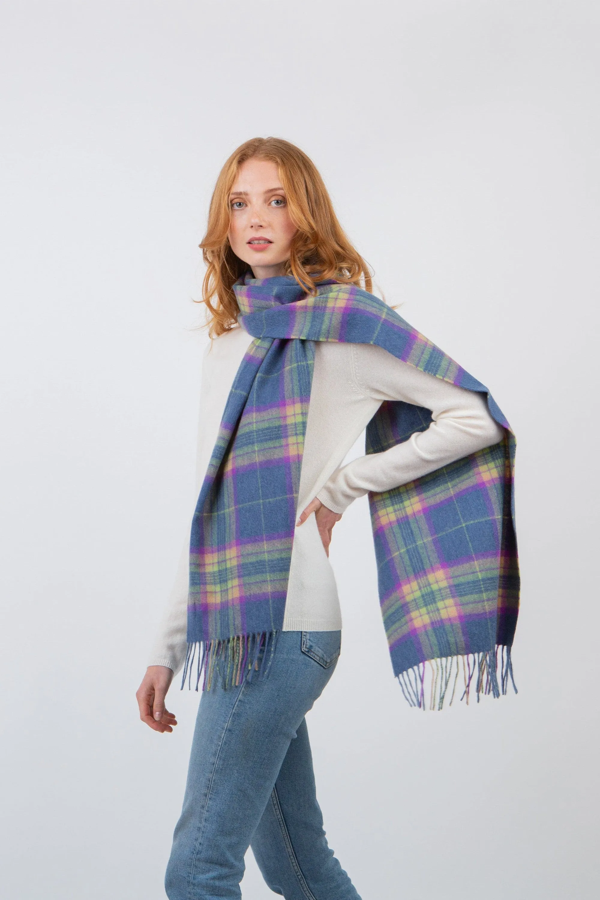 Contemporary Check Cashmere Wide Scarf - Blue Hoppy Check