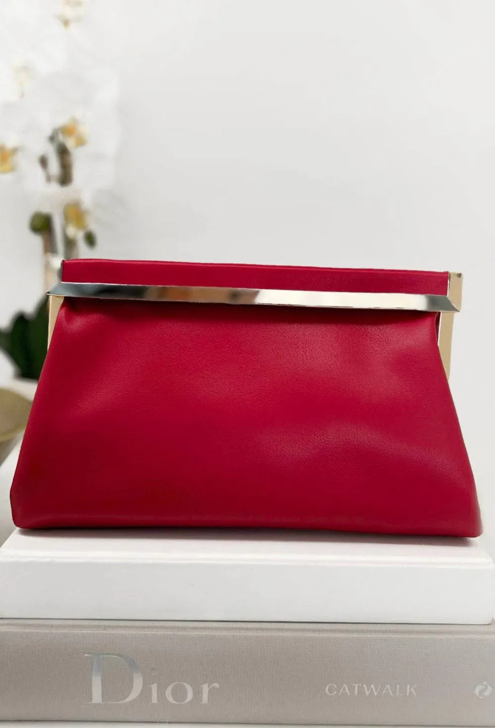 Couture Lifestyle Red Gold Trim Faux Leather Clutch With Chain Strap