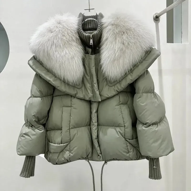 Getadme Fox Fur Collar Goose Down Jacket Fur Down Jacket Female Short Haining Winter Coat New Bread Clothing Women Winter Parkas