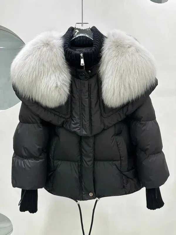 Getadme Fox Fur Collar Goose Down Jacket Fur Down Jacket Female Short Haining Winter Coat New Bread Clothing Women Winter Parkas