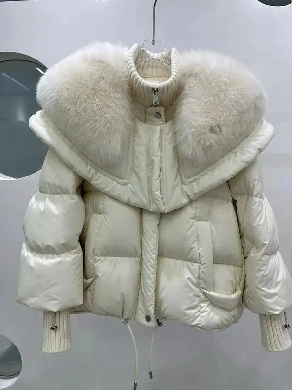 Getadme Fox Fur Collar Goose Down Jacket Fur Down Jacket Female Short Haining Winter Coat New Bread Clothing Women Winter Parkas