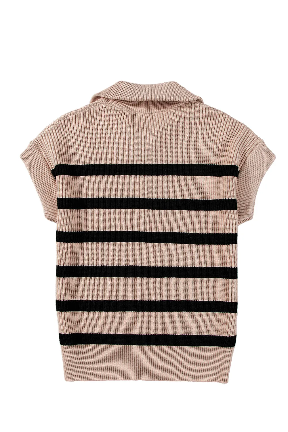 Khaki Stripe Zipped Collar Short Sleeve Knitted Top