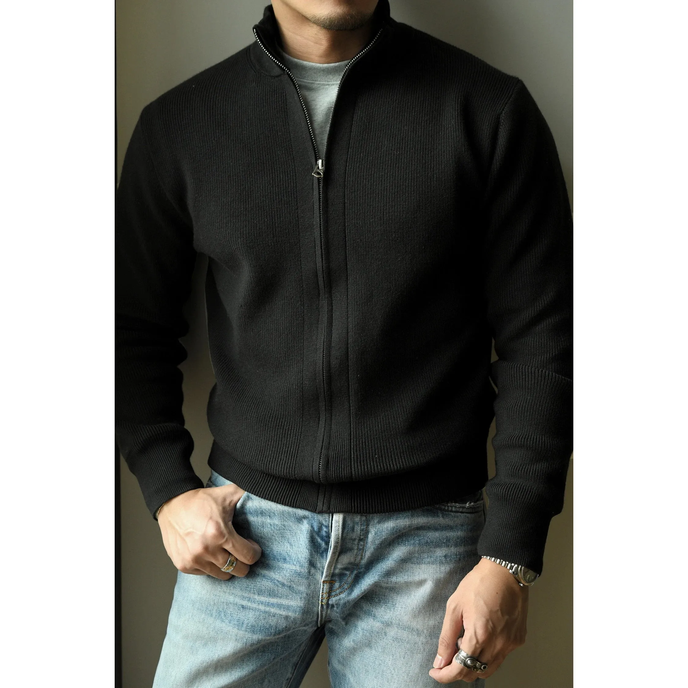 Men's Knitted Cardigan with Stand Collar - Business Casual Vintage Style