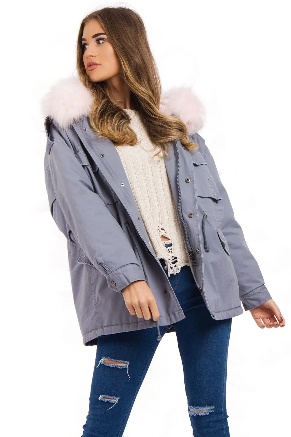 Oversized Faux Fur Trim Fleece Hooded Parka Jacket Coat