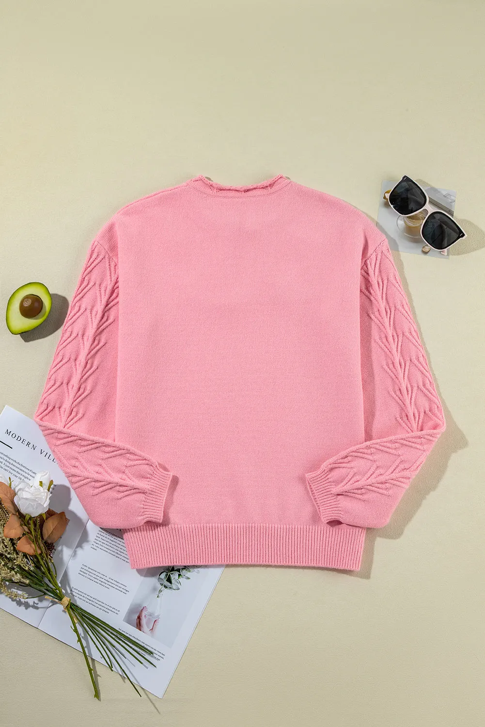 Peach Blossom Flower Pattern Knitted Notched Neck Sweater