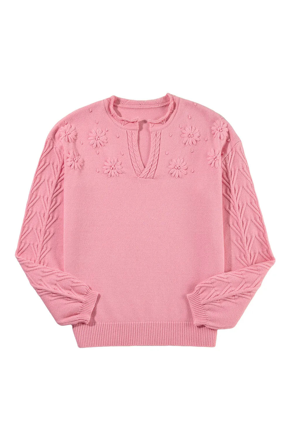 Peach Blossom Flower Pattern Knitted Notched Neck Sweater