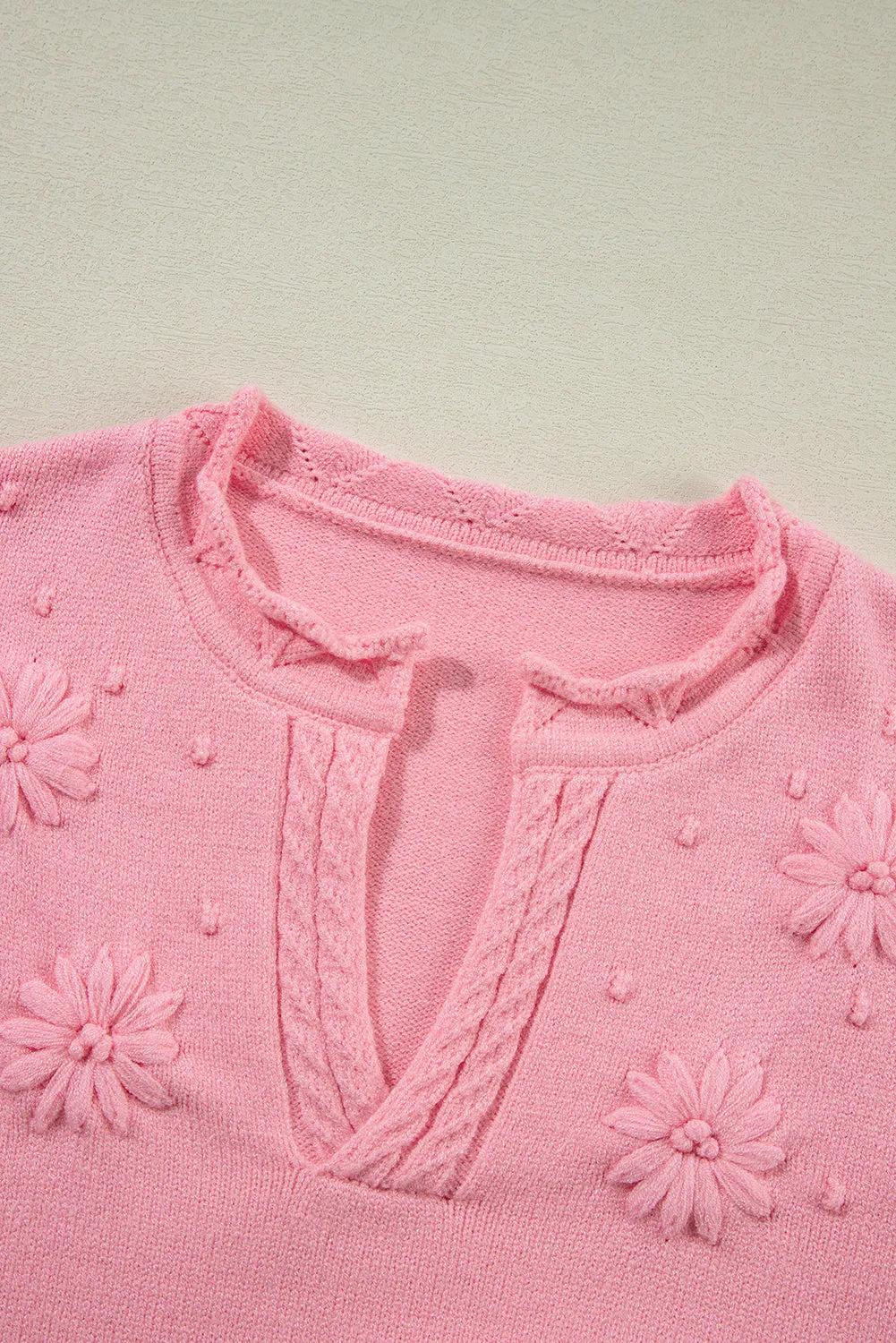 Peach Blossom Flower Pattern Knitted Notched Neck Sweater