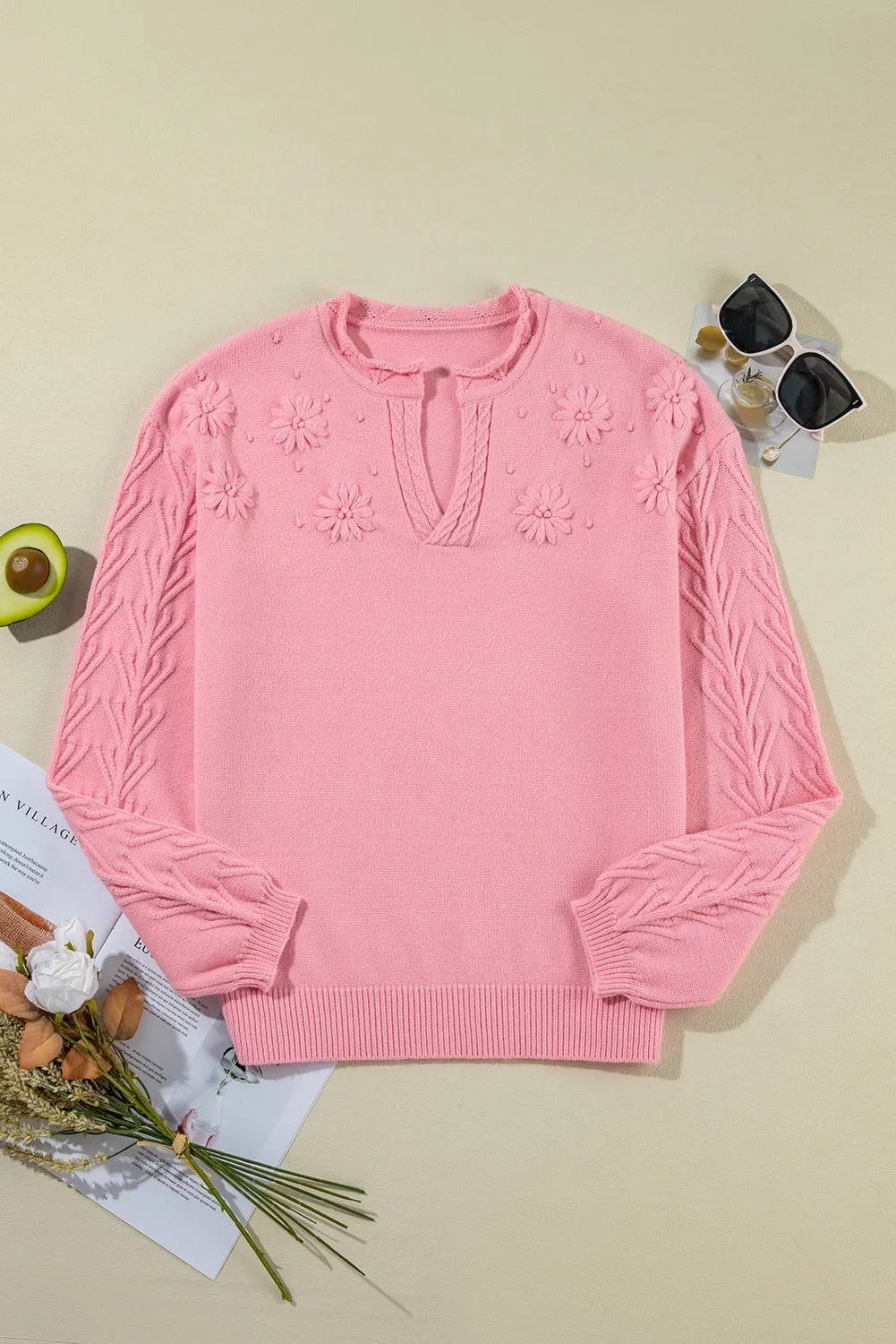 Peach Blossom Flower Pattern Knitted Notched Neck Sweater