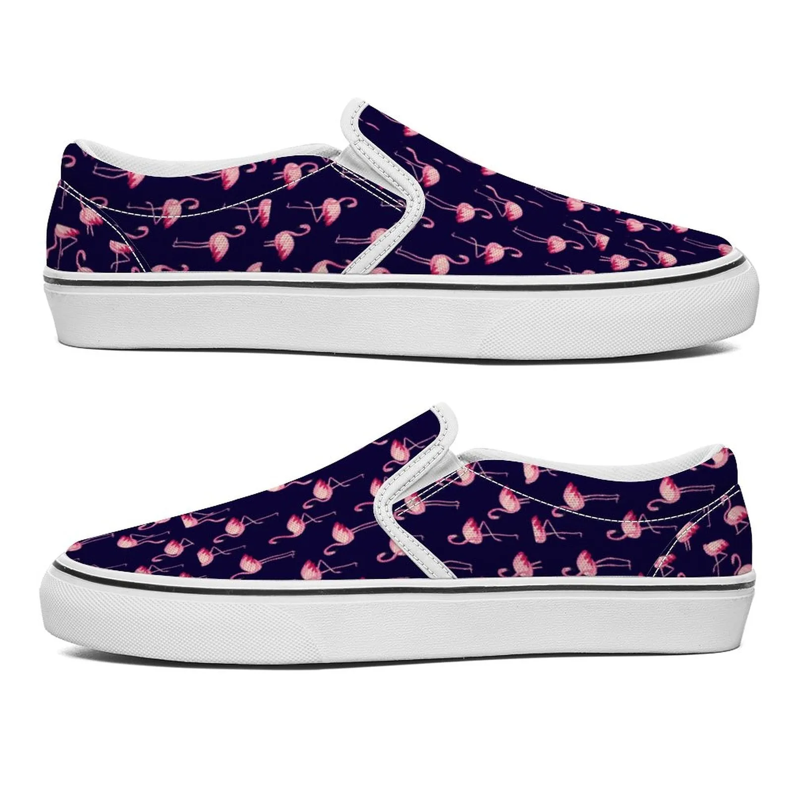 Pink Flamingo Pattern on Dark Blue Printed Slip-on Canvas Shoes  for Teenagers and Adults, Trendy slip on shoe gift