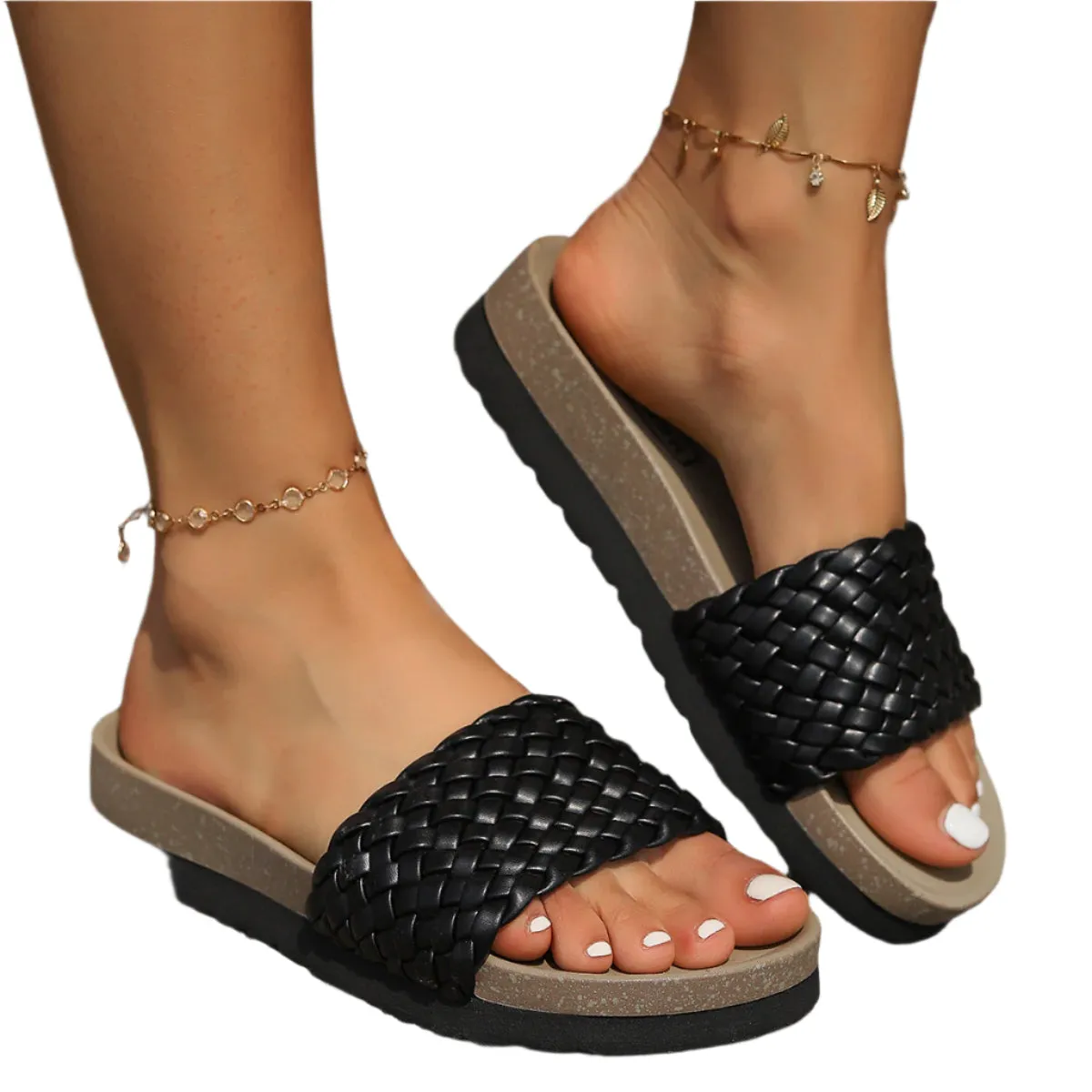 PU Leather Woven Platform Sandals