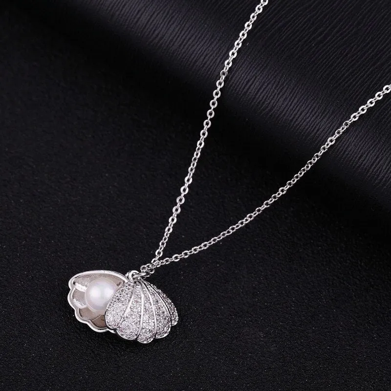 Shell Pendant Simulated Pearl CZ Crystal Chain Necklace -2 Variants