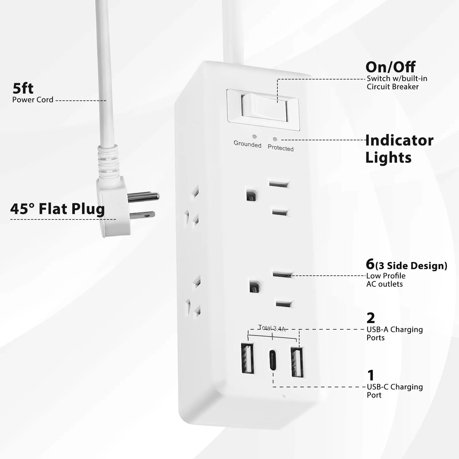 Surge Protector Power Strip with 6 Outlets 2 USB-A 1 USB-C 3-Side Outlet BN-LINK