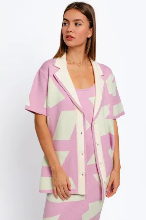 TEEK - Pink Mint Abstract Contrast Short Sleeve Collared Cardigan