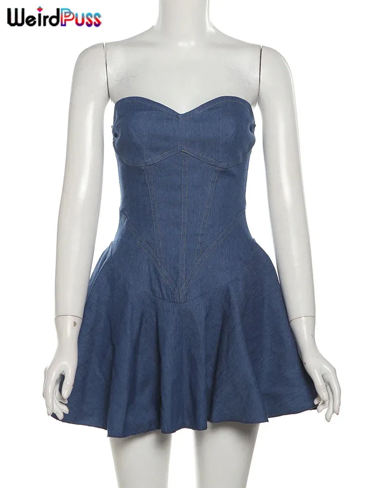 Trendy Denim Strapless Hipster Party Dress