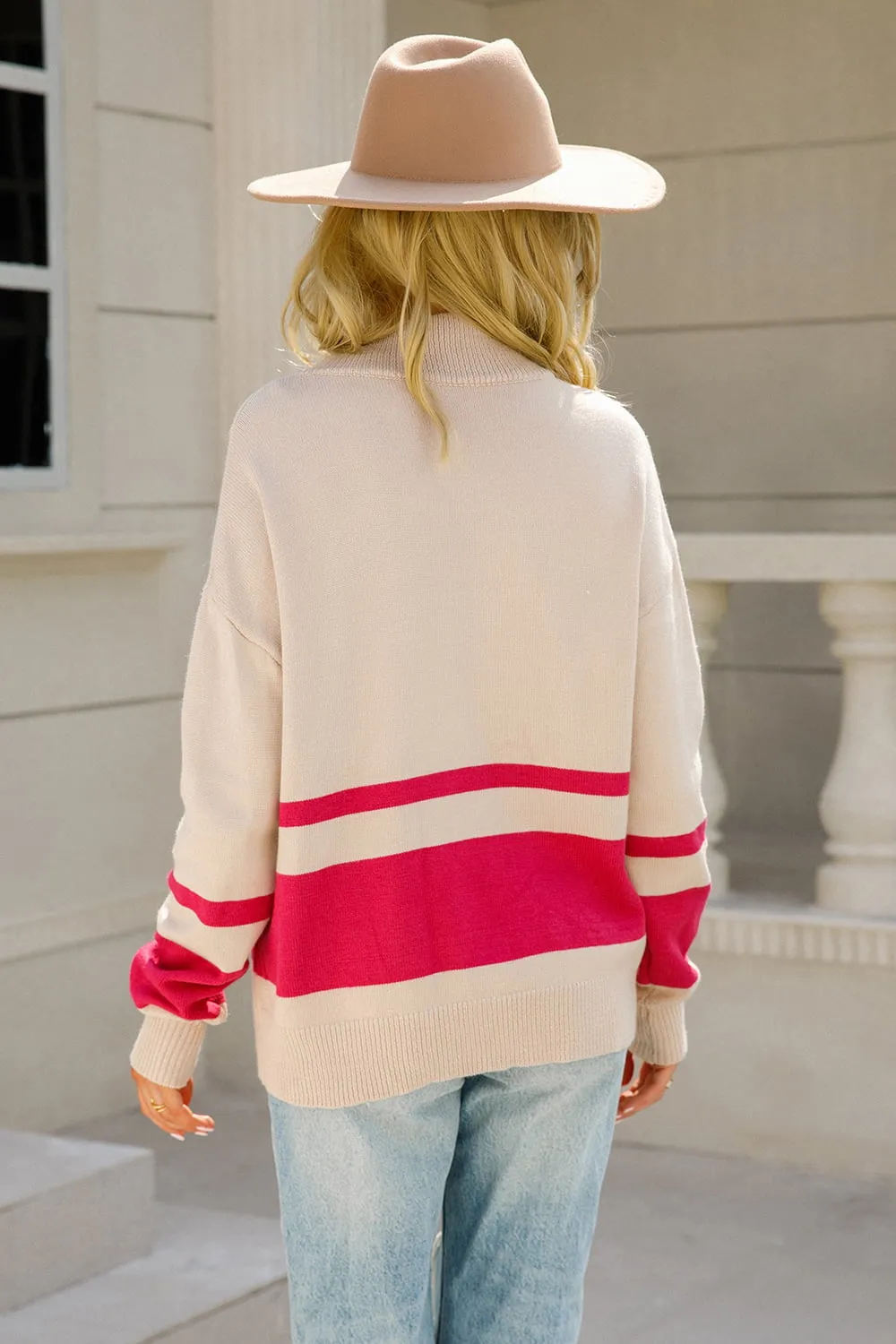 Two-Tone Long Sleeve Zip-Up Knit Top