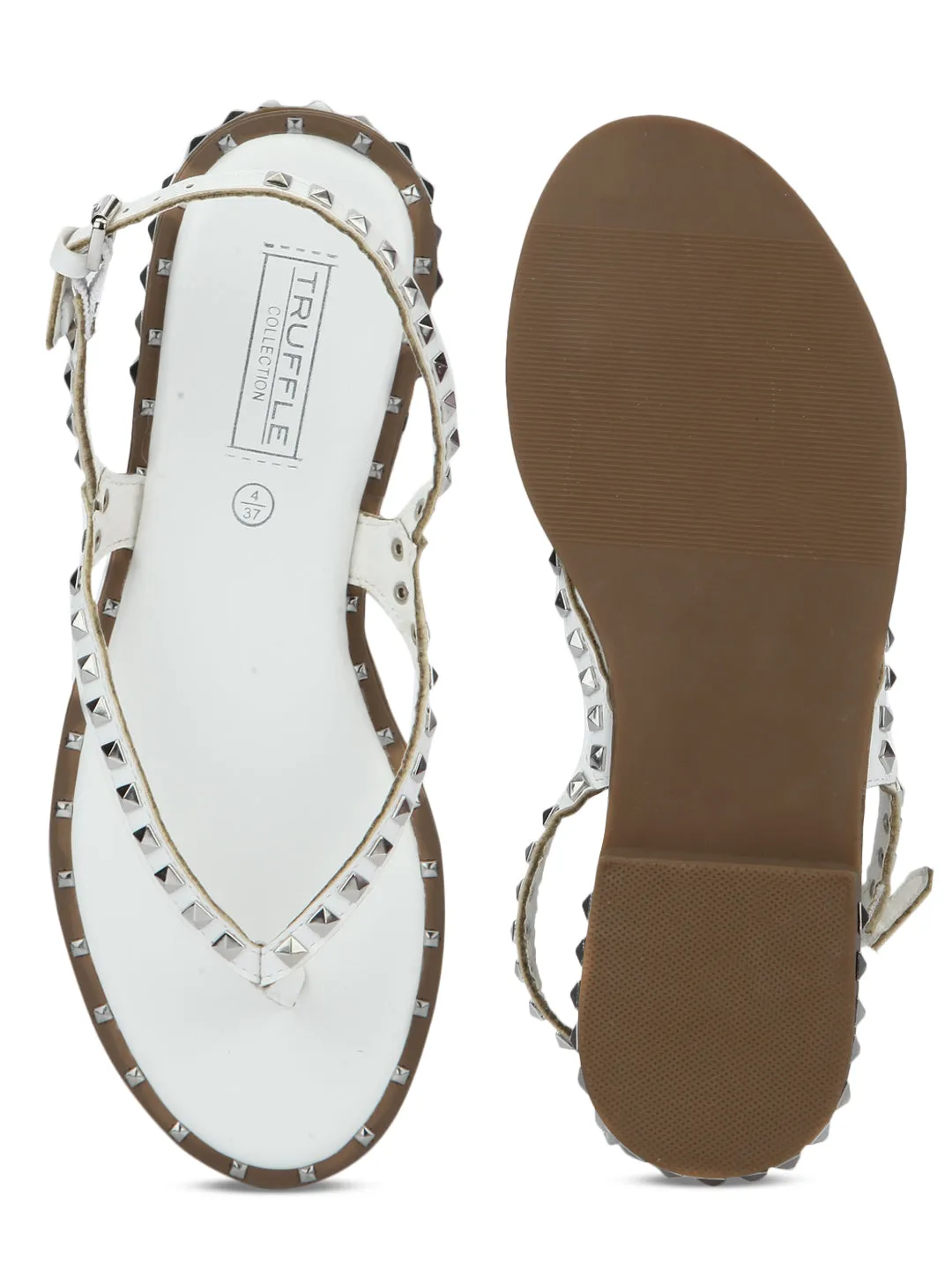 White PU Studded Strap Slip-On Flats