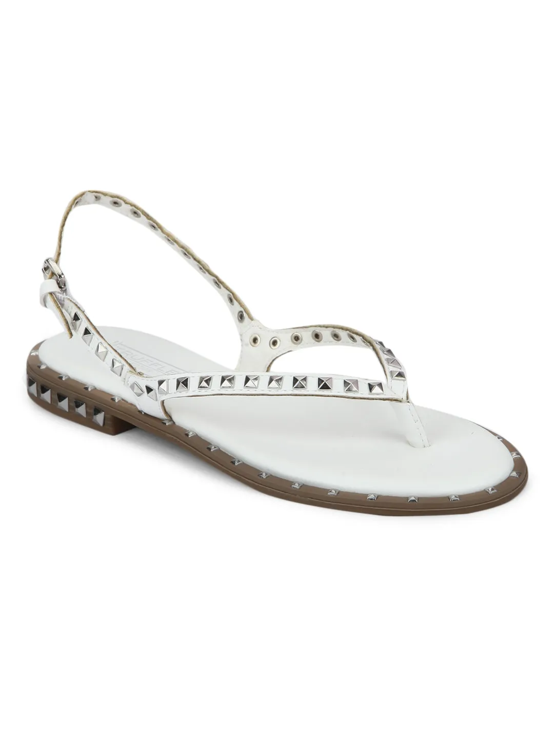 White PU Studded Strap Slip-On Flats