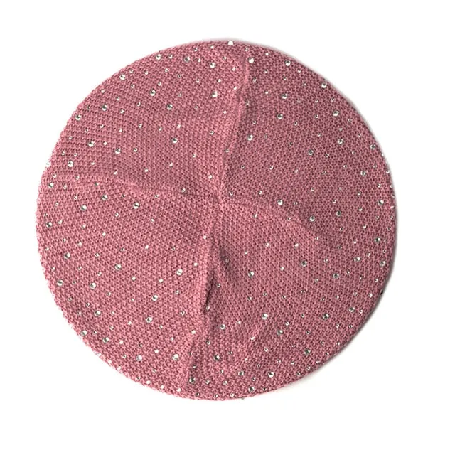 Women Autumn Winter Beret Hat Female Knitted Casual Rhinestone Cap