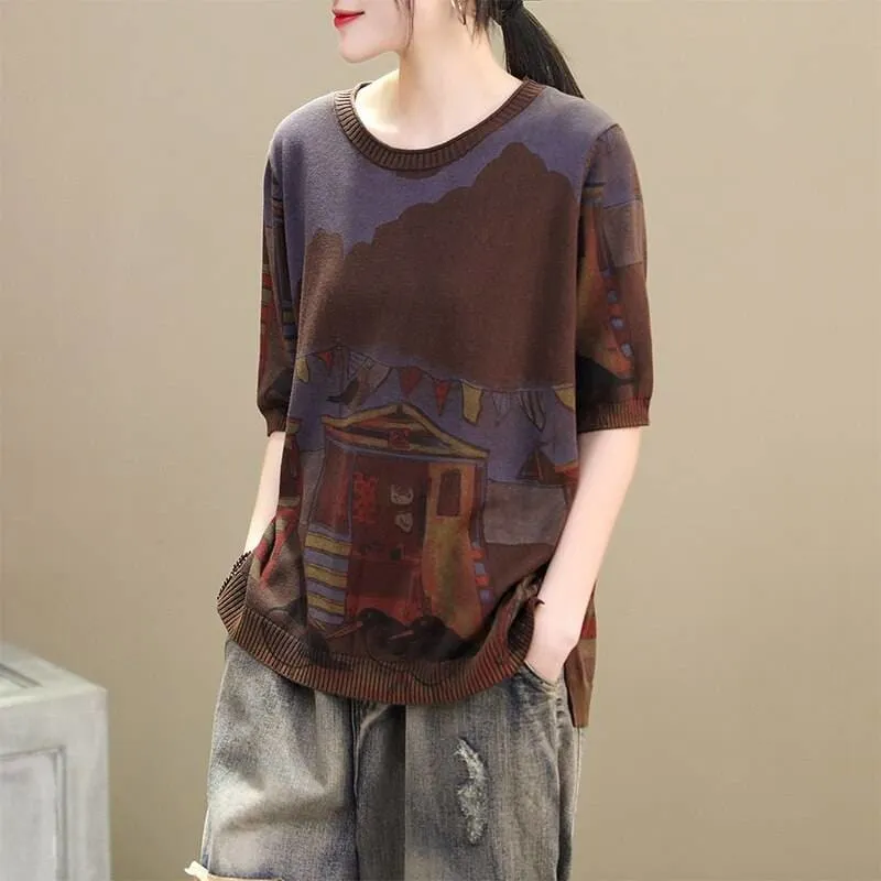 Women Cartoon Printed Round Neck Half Sleeve Loose T-shirt