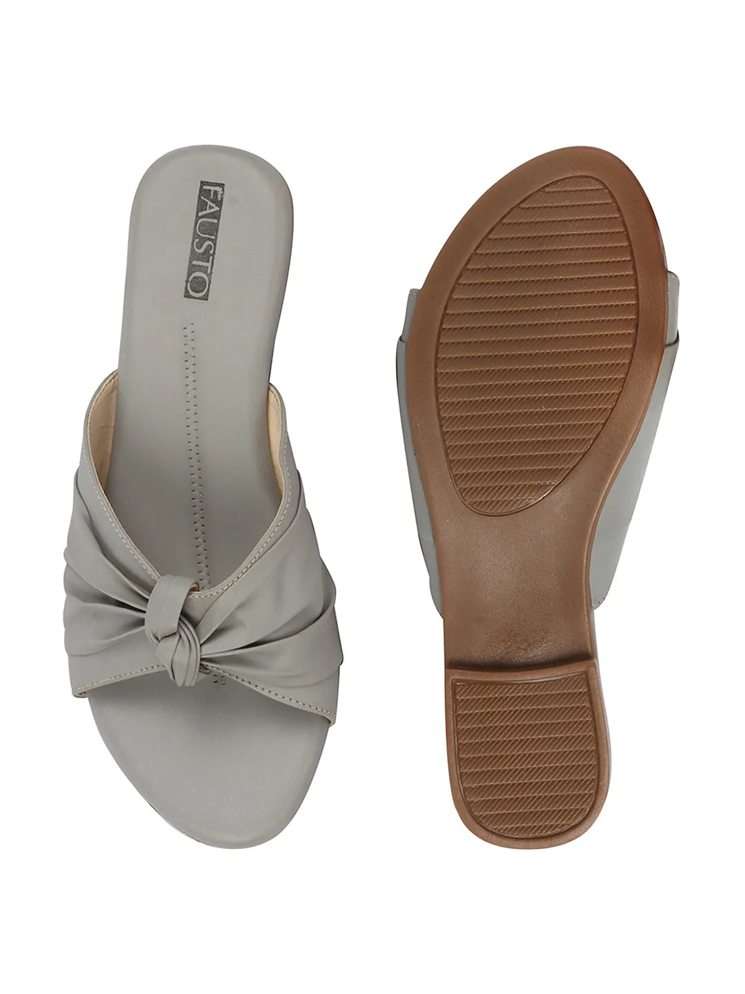 Women Grey Bow Design Open Toe Slip On Flats Slippers