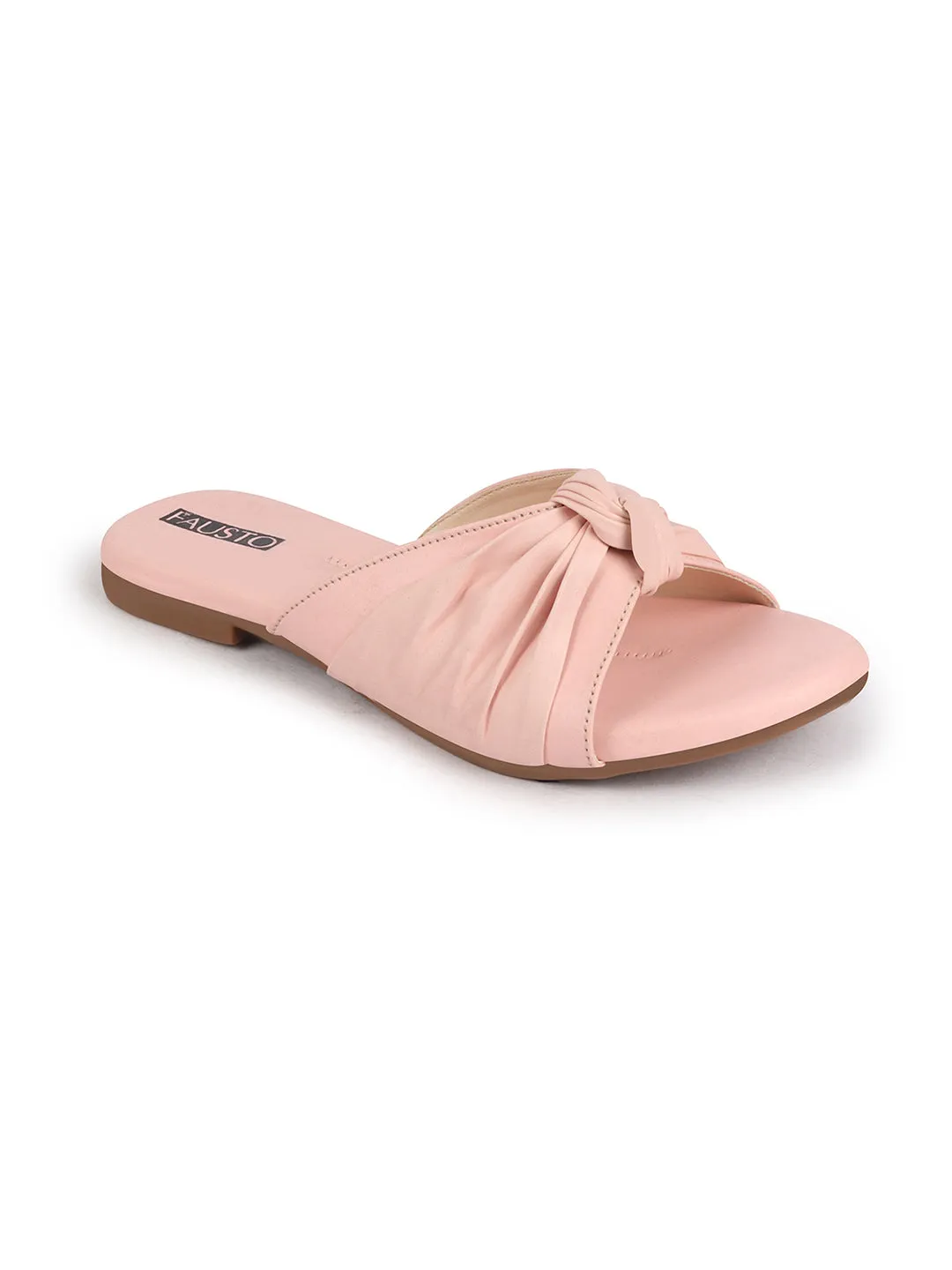 Women Pink Bow Design Open Toe Slip On Flats Slippers