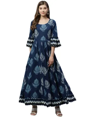 Women'S Blue Long Cotton Anarkali Plus Size