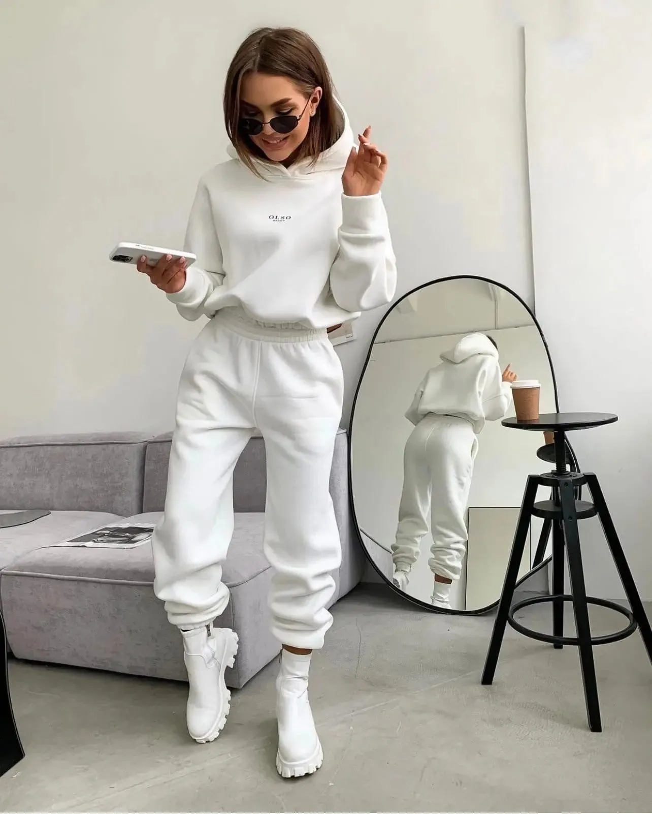 Women's Knitted Fleece Casual Suit Two-piece Set hoodie